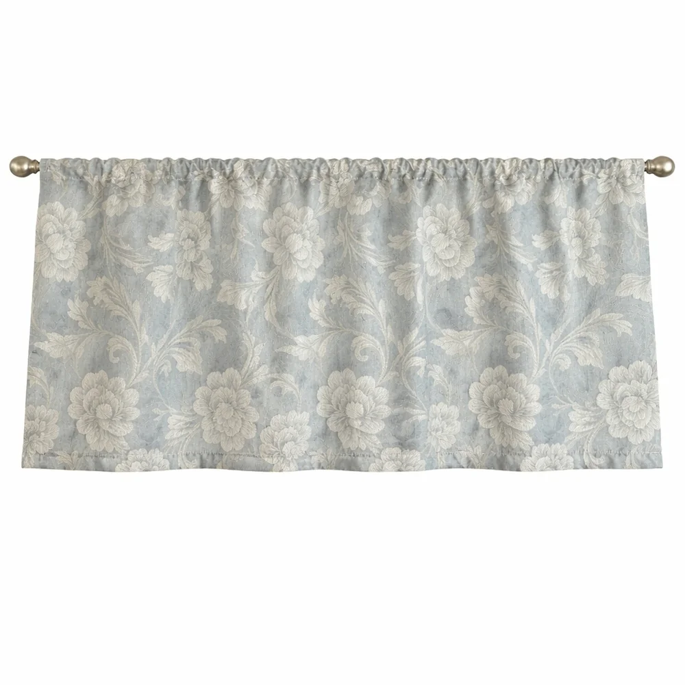 Vintage Floral Jacquard Cafe Curtain Panels Blue White Farmhouse 36x15 Set of 4